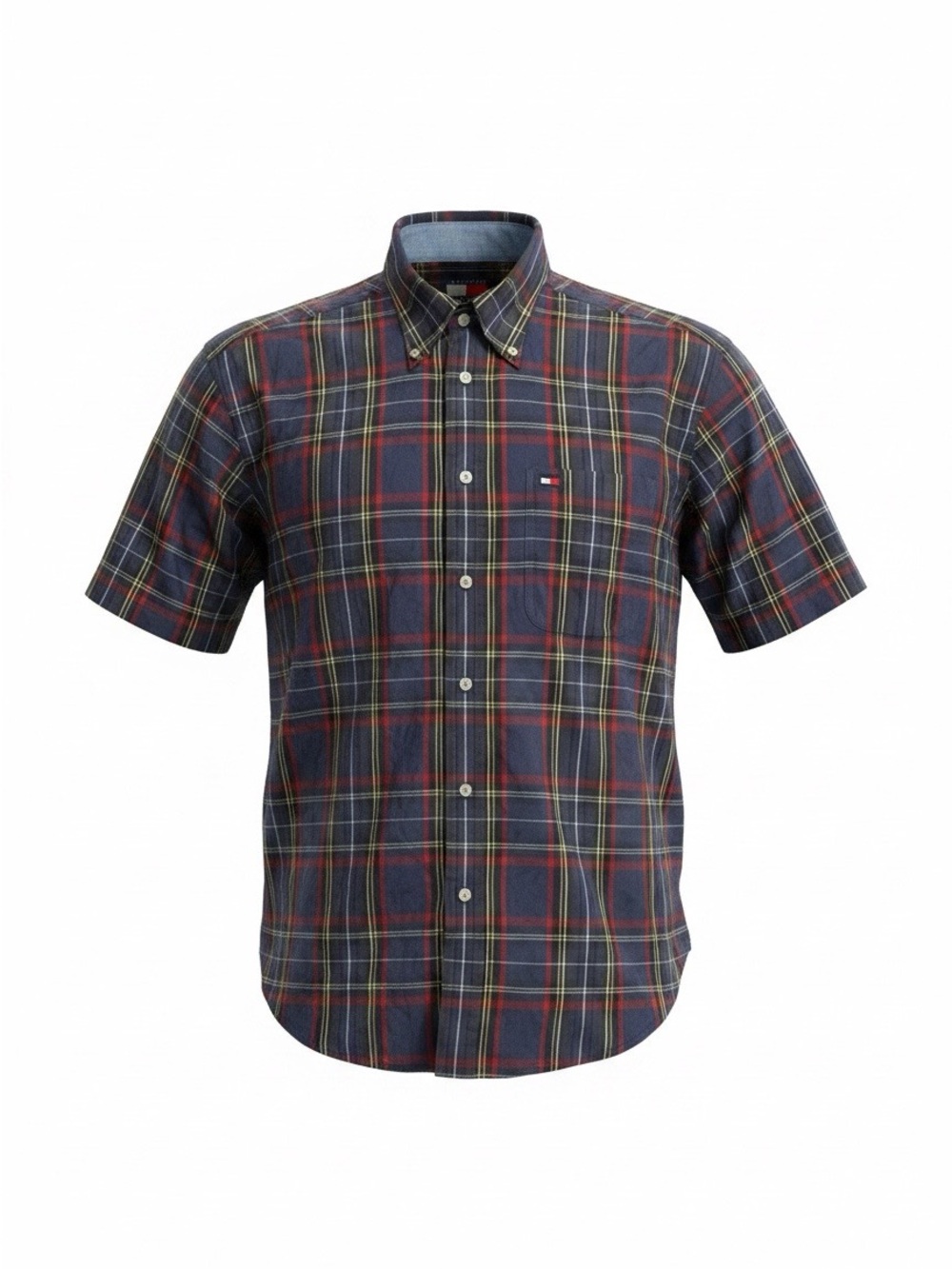 Tommy Hilfiger Navy & Red Plaid Short-Sleeve Button-Down Shirt-large-100%cotton